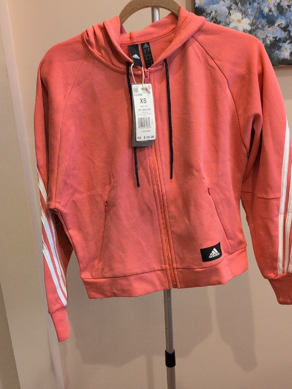 Women's Adidas Hazy Rose Light Weight  Zip Hoodie with White Sleeve Stripes
